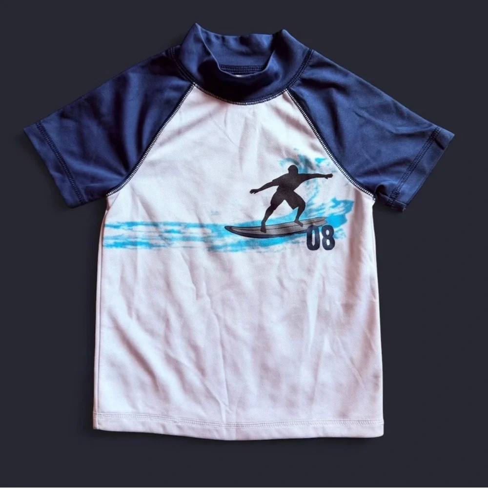 Jumping Beans Boy Surfer Rash Guard Swim Shirt Blue White Size 5/6 Medium